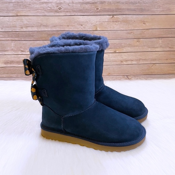 UGG Bailey Bow Retro Spots Ocean Blue Boots - Picture 2 of 9